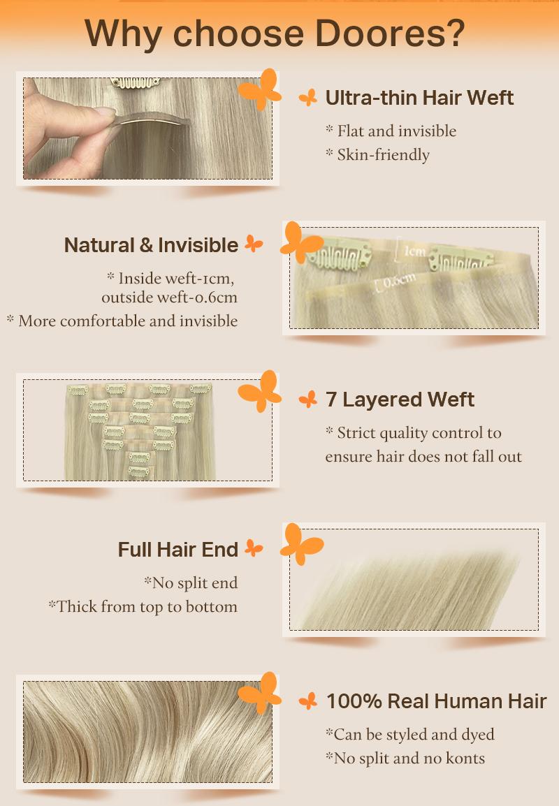 Doores 100g Seamless Clip In Hair Extensions Remy Human Hair Extensions Natural Straight Beginner Friendly Comfortable- Skin Weft PU Clip in Hair Extensions