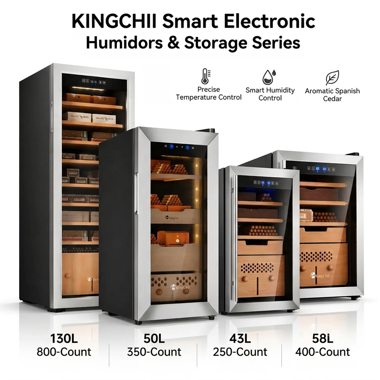 KINGCHII Smart Compressor Climate Cabinet Series, 2-Way Auto Control, Premium Aromatic Wood Shelves, Professional Collection Storage (43L / 50L / 58L / 130L Models)