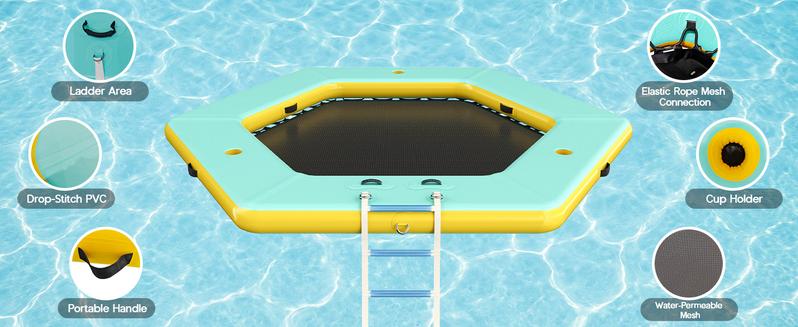 AMERLIFE 8FT/10FT/12FT Hexagon/Circle/Triangle Inflatable Water Hammock for Adults, Floating Raft Dock Platform with Mesh, Heavy Duty Water Float Dock for Lake, Beach, Summer Party