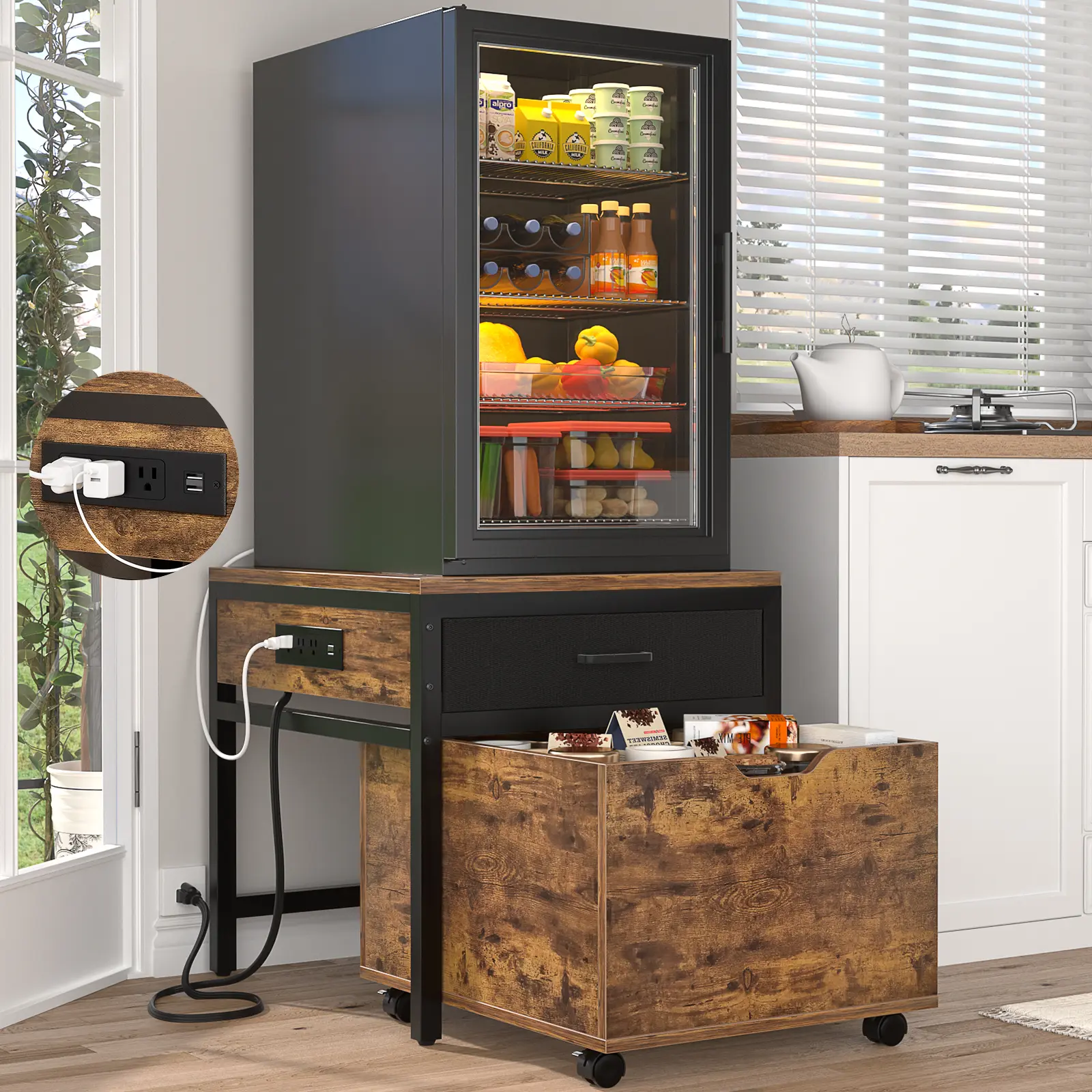 Homieasy Mini Fridge Stand with Drawer Storage and Sockets, Heavy Duty Small Refrigerator Stand Cart for Dorm, Apartment, Office,Bedroom, Rustic Brown