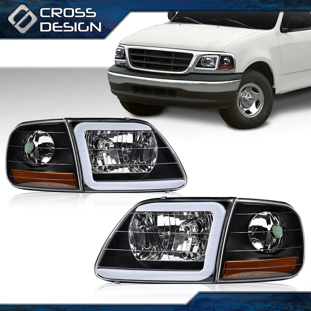 CROSSDESIGN Chromed Black LED Headlights with 1 Pair Corner Lights - Compatible with 97-04 Ford F150 & Expedition, Lights for Cars, Led Car Lights