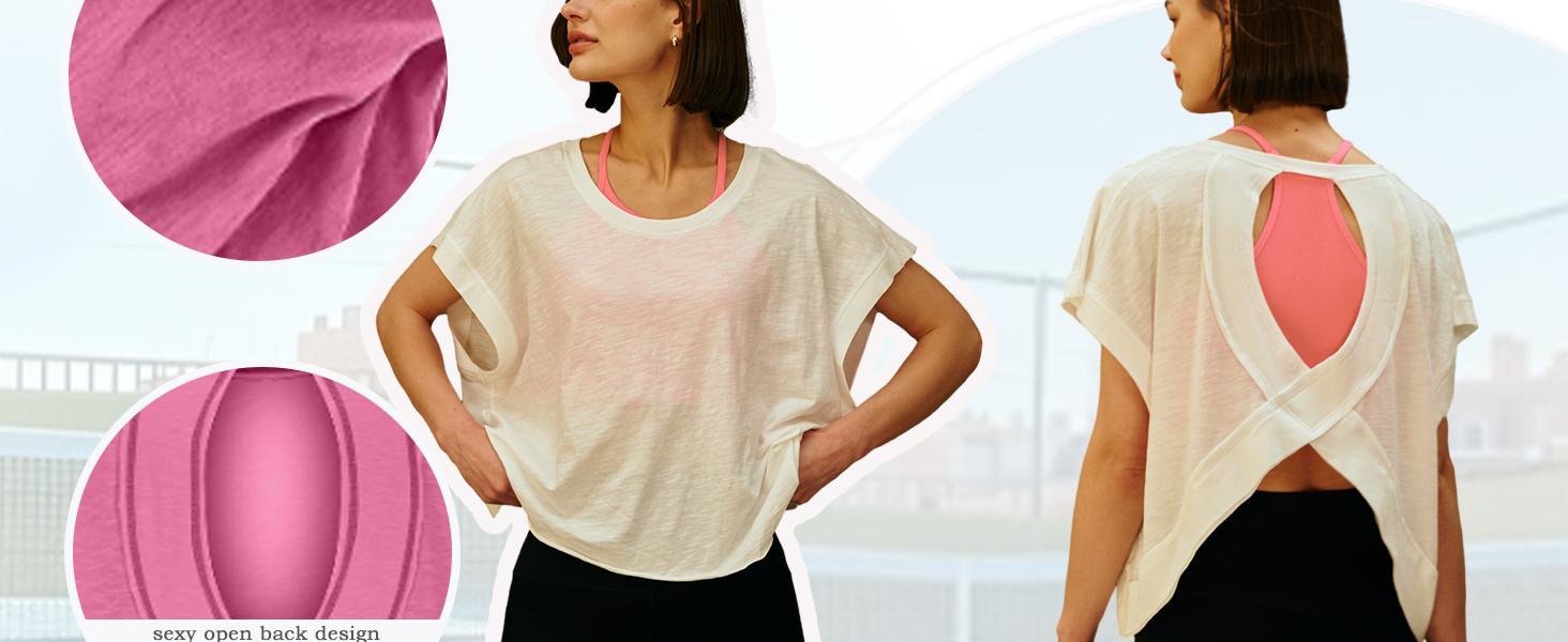 MaLinfandor Womens 3 Pack Open Back Tops Casual Short Sleeve Workout Shirts Y2k Crop Athletic Tops Gym Yoga Running Tees