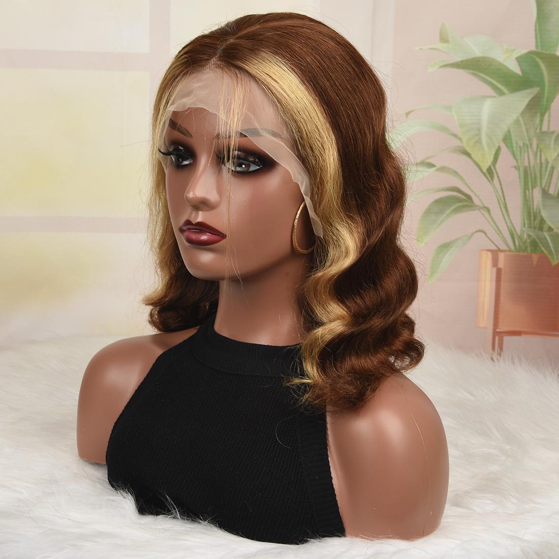 Brown Blonde Highlight Bob Wig Human Hair 13x4 HD Transparent Lace Front Body Wave Bob Wig Pre Cut Pre Plucked Hairline  Short Bob Wigs for Women