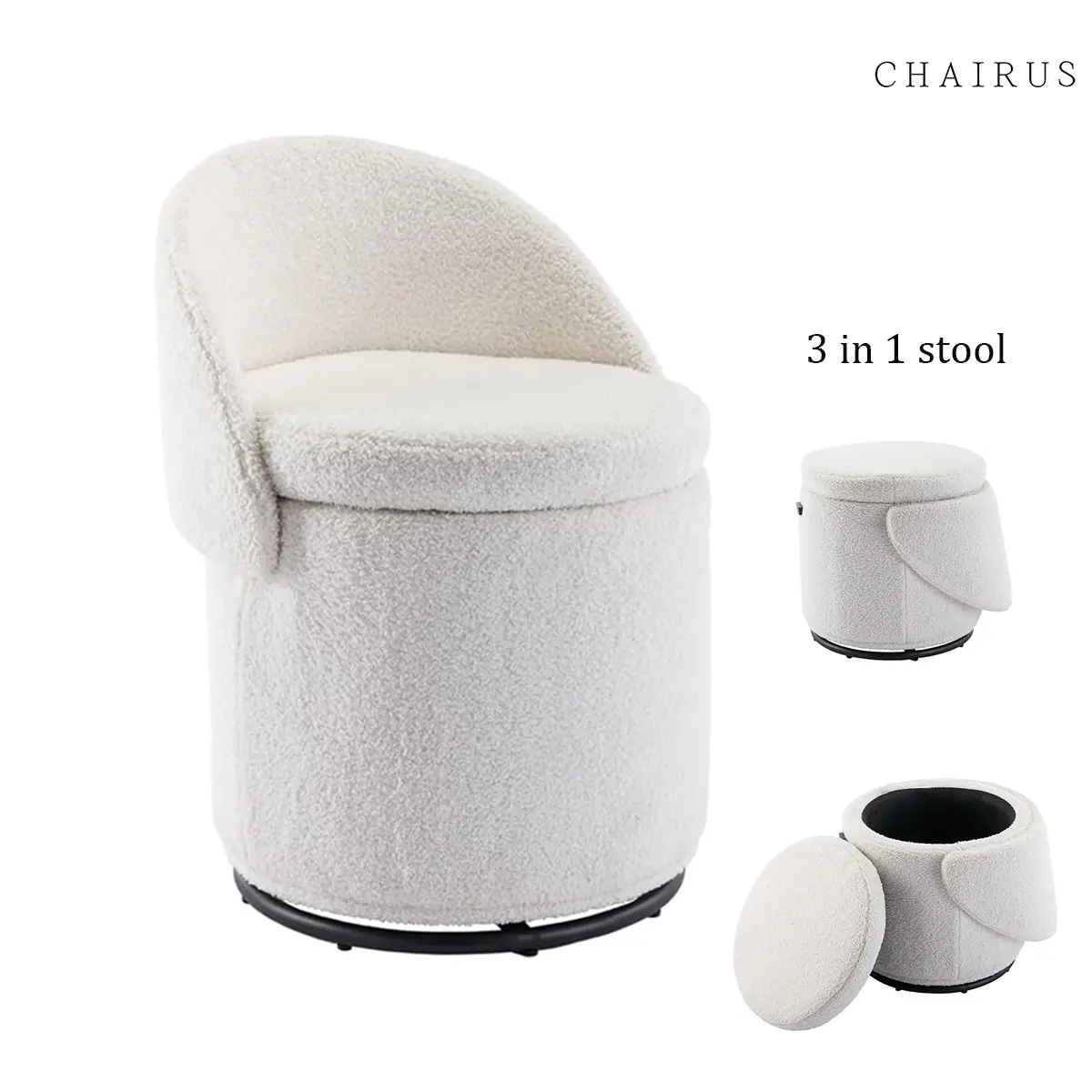 CHAIRUS Viral 3 in 1 Ottoman Stool, Modern Round Swivel Vanity Storage Stool, Makeup Ottoman with Storage,Upholstered 360° Swivel Vanity Stool with Foldable Backrest, Cylindrical Footrest Stool for Living Room Bedroom,Sherpa White sohochic