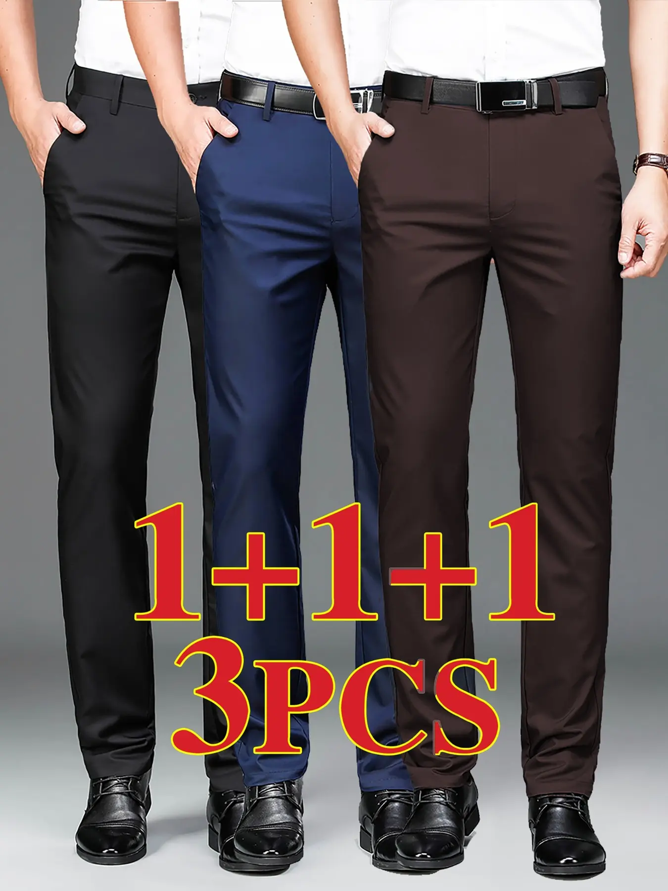 3-Pack Men's Elastic Polyester Wrinkle-Resistant Business Dress Pants, Comfortable Breathable All-Season Wear, Versatile Office & Casual Style