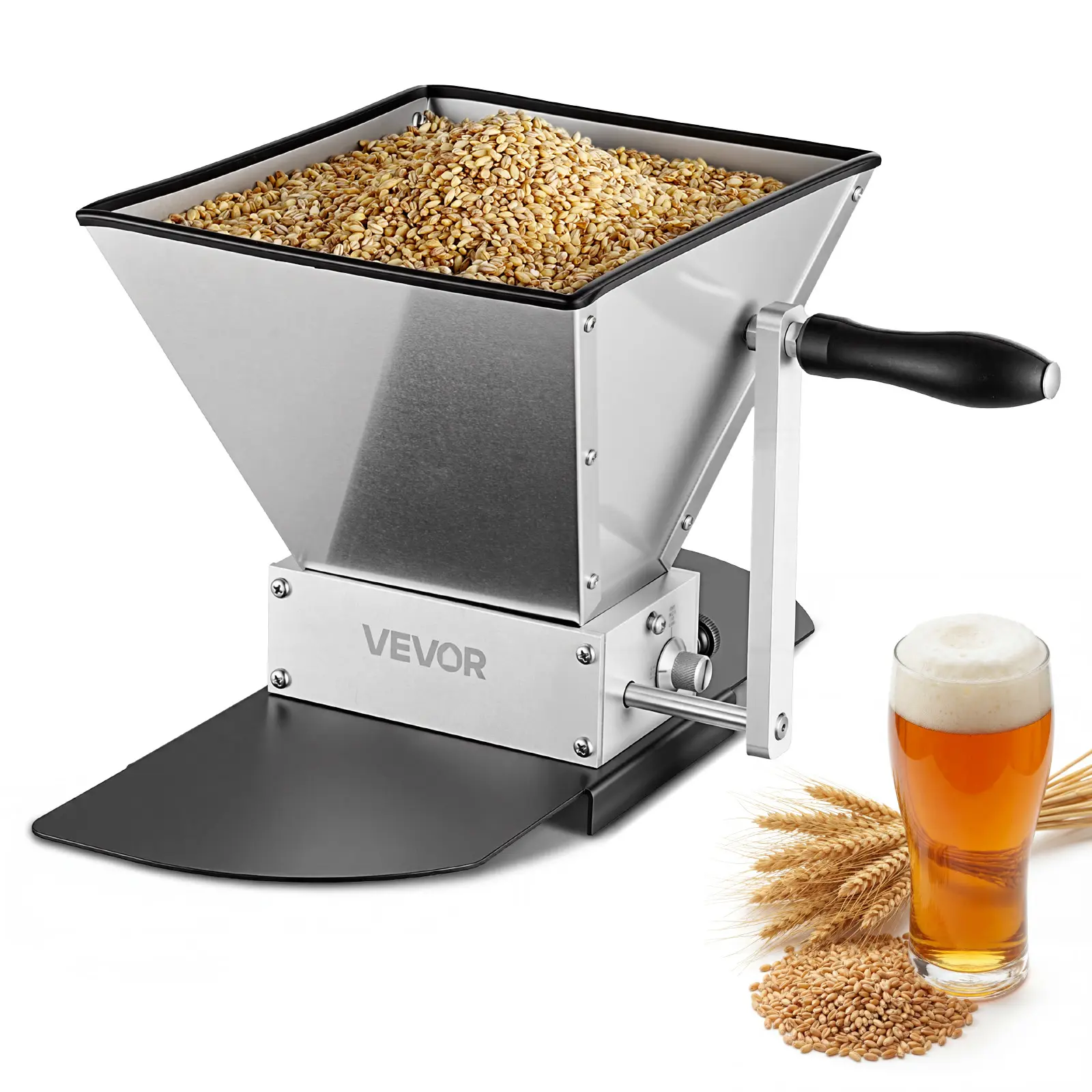 VEVOR Manual Grain Mill for Home Brewers, Adjustable Rollers Malt Grinding Barley Crusher - 2 Stainless Steel Rollers, 1.06 Gal Hopper, Metal Base Plate for Wheat Beer Brewing
