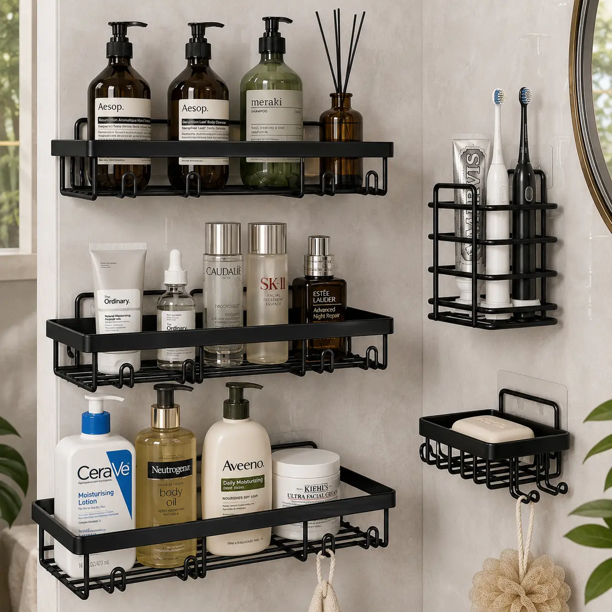 Corner  shower  shelves,Bathroom Organizer Set, Large Capacity Adhesive Shower Caddy, No Drill Shower Shelf with Toothbrush Holder & Soap Dish, Rustproof Bathroom Storage for Apartment, Dorm & Home #BathroomMustHaves #BathroomStorage #OrganizationHacks