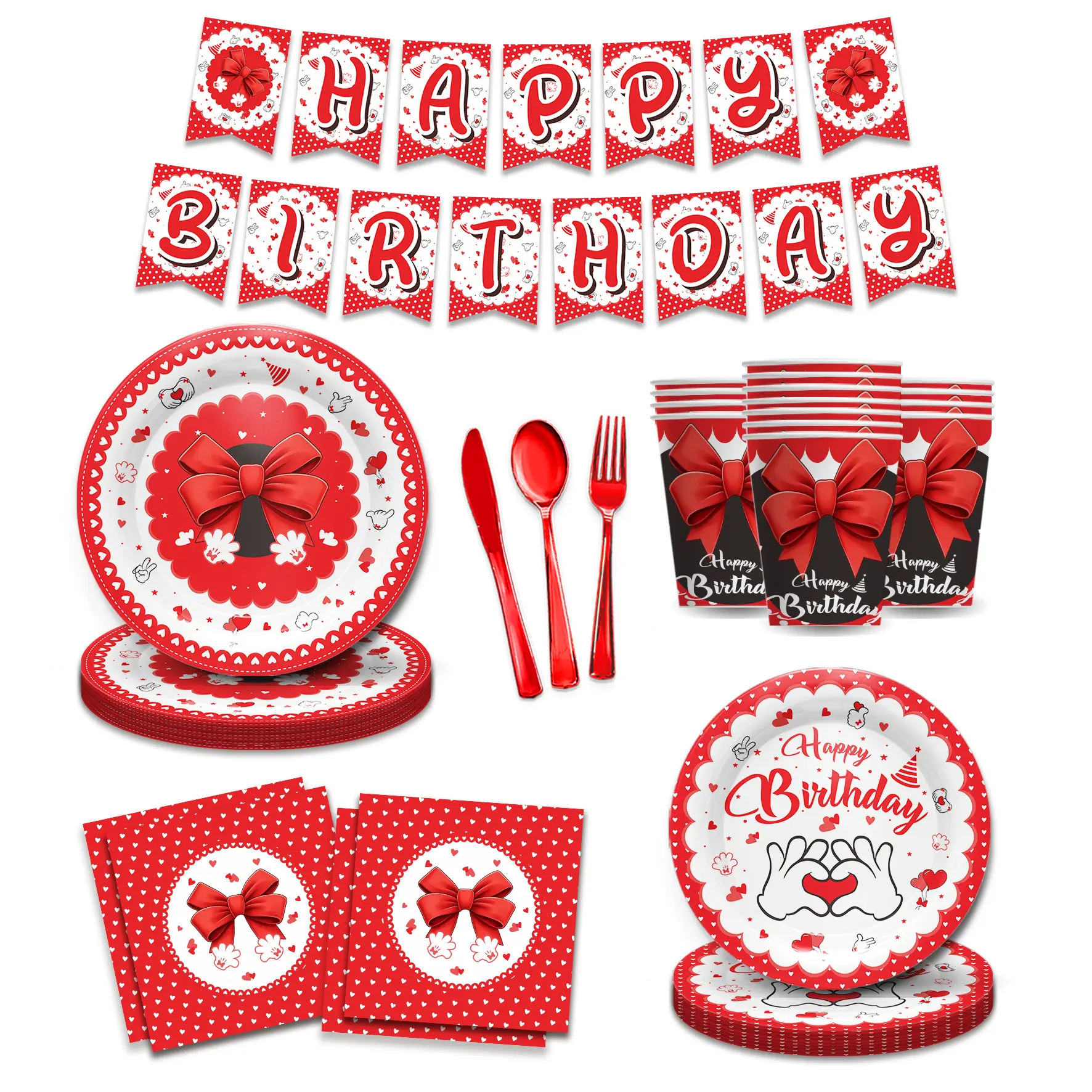 169-Piece Disposable Mouse Theme Birthday Party Decorations Set, Cute Cartoon Mouse With Red Bow, Serves 24 Guests - Includes Plates, Napkins, Cups, Banner Flags, Cutlery, Ideal For Birthday, Baby Shower