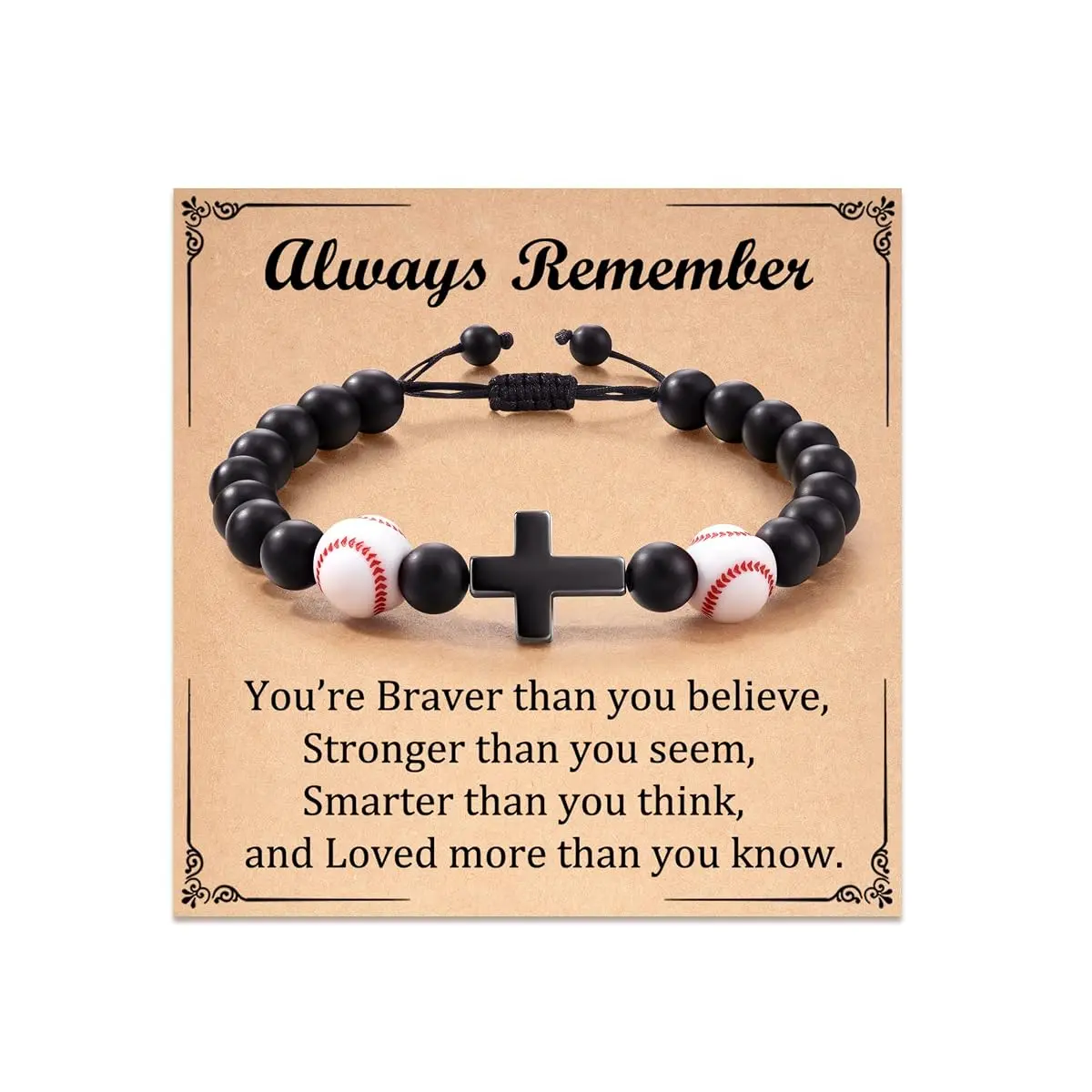 Men's & Boys' Beaded Cross Charm Bracelet - Adjustable Cord, Casual, Frost Stone, Baseball Theme, Basketball Sports Design, with Inspirational Always Remember Card, Gift for Players & Fans, Everyday Wear