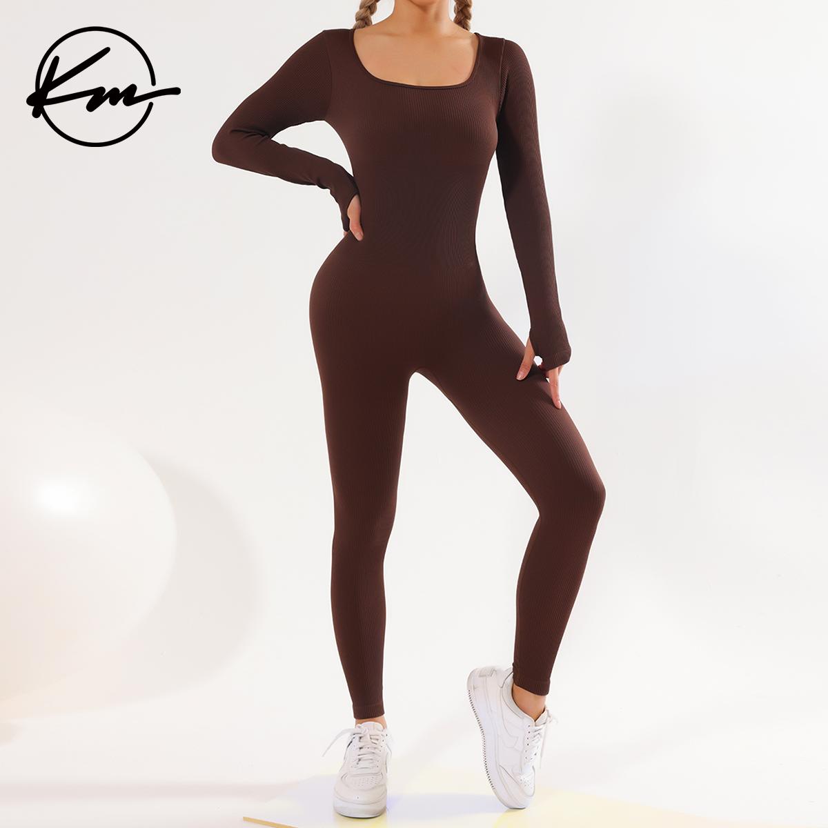 KatchMe Womenswear Solid Color U Neck Seamless Shaping Jumpsuit-CC,Thumb Holes Design Jumpsuit,Slim-Fitting Stretchy Tummy Control Shapewear