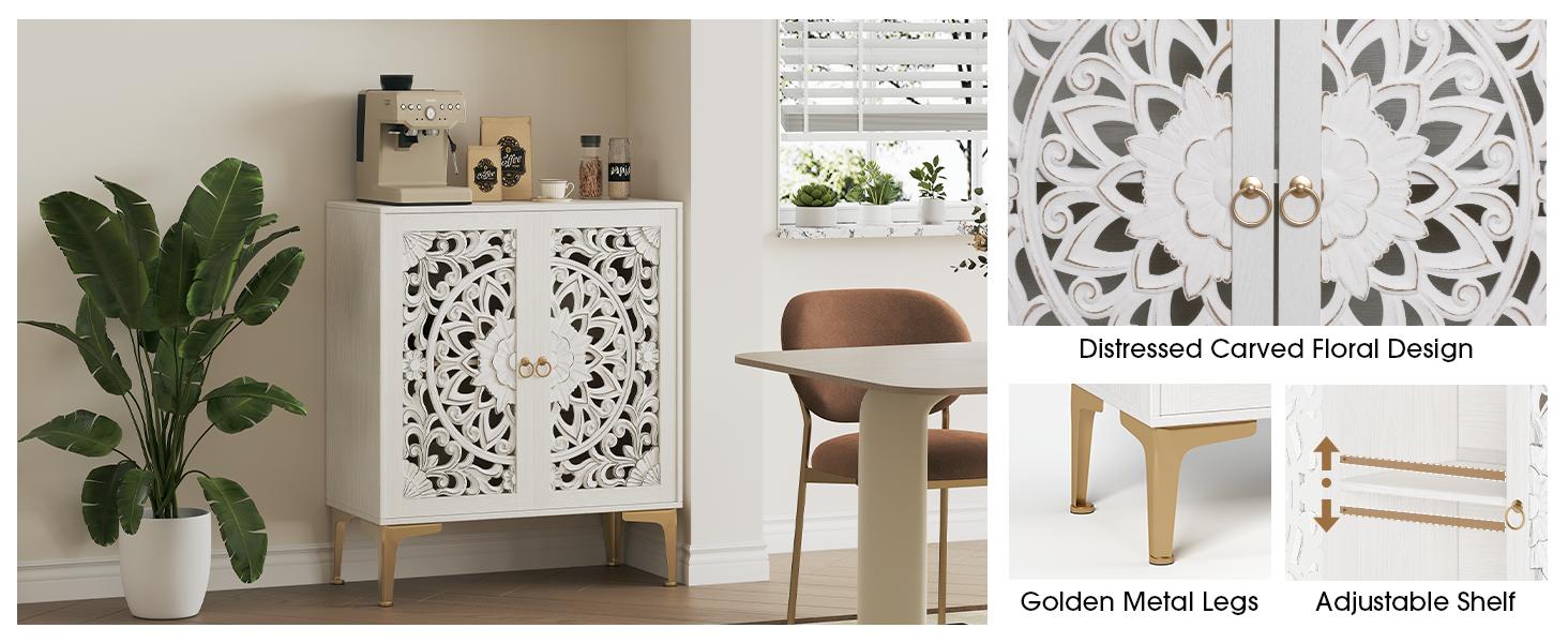 31.5" White Boho Accent Cabinet Mandala Carved Doors Gold Legs, Storage Sideboard Coffee Bar Cabinet for Living Dining Room Entryway