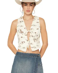 Ashley Women's Boot Barn Rodeo Print Tie-Front Denim Vest - Bb56198