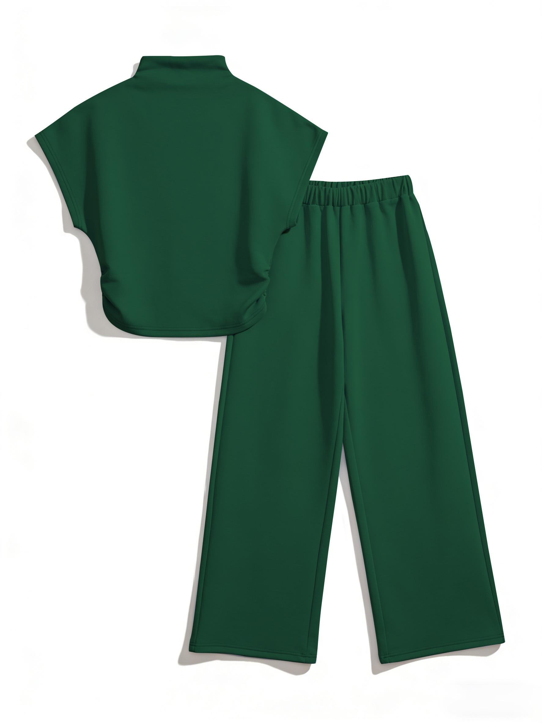 USBoutique Chic [Upgraded fabric] Women Summer Lightweight And Silky Soft Set Two Piece Casual Set Short Sleeved Semi High Neck Loose Top Wide Leg Pants Set