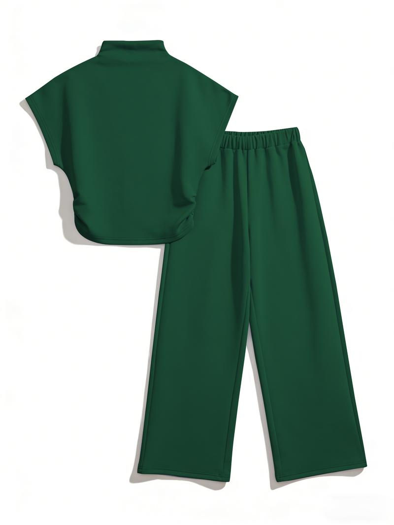 USBoutique Chic [Upgraded fabric] Women Summer Lightweight And Silky Soft Set Two Piece Casual Set Short Sleeved Semi High Neck Loose Top Wide Leg Pants Set