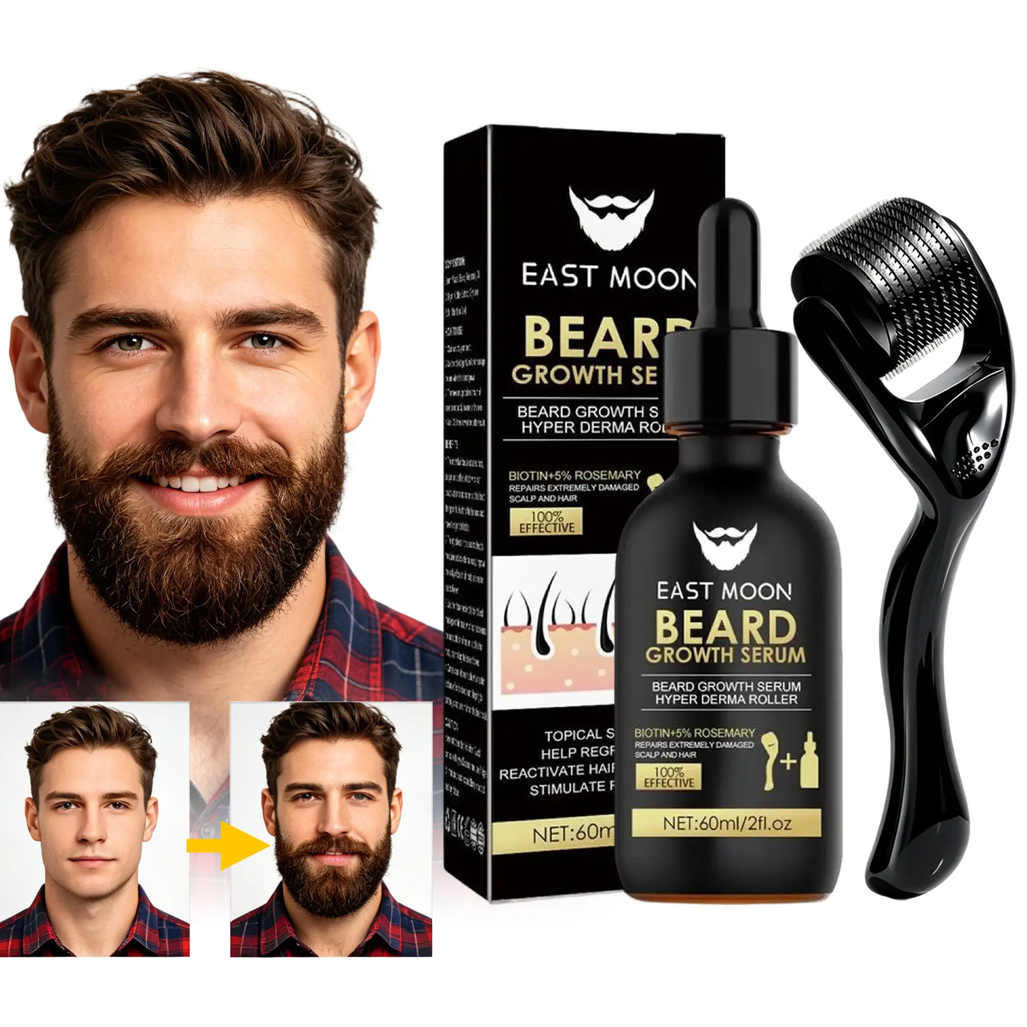 EAST MOON Beard Growth Kit-Beard Care Serum & Beard Massage Derma Roller, Beard Massager for Patchy/Spot Beard, Beard Kit for Men's Grooming, Men's Daily Beard Care Products and Tools, Holiday gifts, Father's Day Gifts