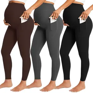 3 Pack Over The Belly Maternity Leggings with Side Pockets, Soft 4-Way Stretch High Waist Pregnancy Workout Leggings, Non-See-Through Casual Maternity Pants