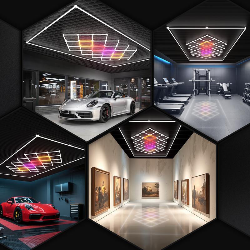 HYPERLITE Color Glow, Garage Lights, Honeycomb Design, Rectangle Frame Modular Lighting, LED Ceiling Light, 568W-624W 56800LM-62400LM, 6500K Bright White, for Garages, Workshops, Gyms, Studios,  Barber Shops, Decorative Spaces，Jumpstart newyear