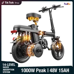 Electric Folding Bicycle 500W Motor 14-Inch Tires 48V 15Ah Battery 30-Mile Range Certified Shock Absorption Smart Urban Bike 1000W Peak Power 100KM Range Foldable with 16-Level Shock Absorption System Commuter Ebike Suspension Ebike Brakes