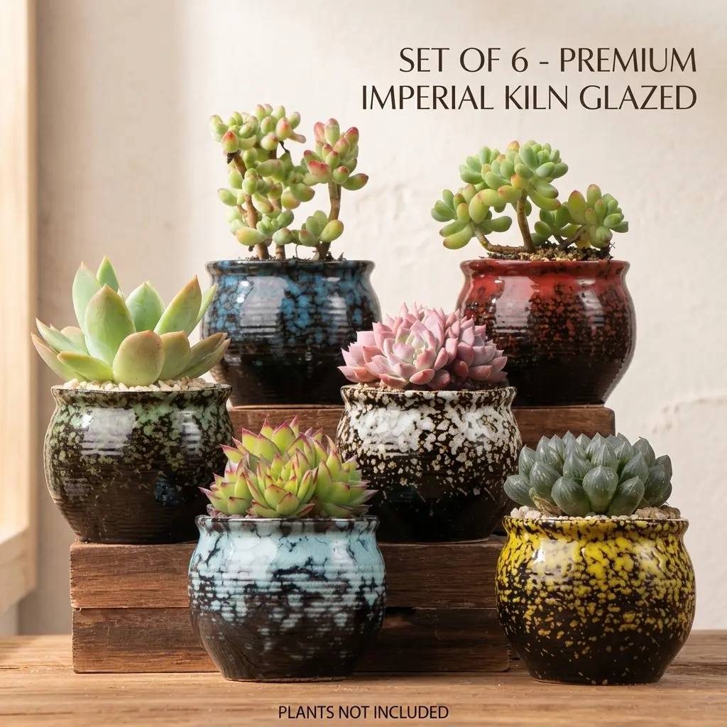6-Piece Round Patterned Standable Mini Decorative Ceramic Succulent Pots Set - 3.15" Planters with Drainage Holes, Imperial Kiln Ice-Crackle Glaze, Vintage Bohemian Home Decor for Indoor Plants, Gift for Plant Lovers, Round Ceramic Urns, Patterned Ceramic