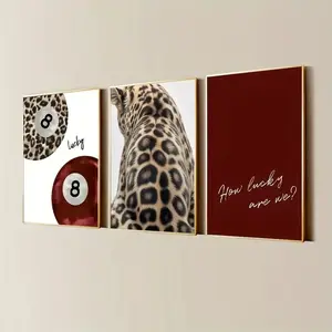 3pcs Lucky Number 8 Ball Leopard Pattern Cheetah Canvas Print "How Lucky We Are" Wall Decoration Poster Modern Art Design Living Room Home Decoration Frameless Hanging Painting