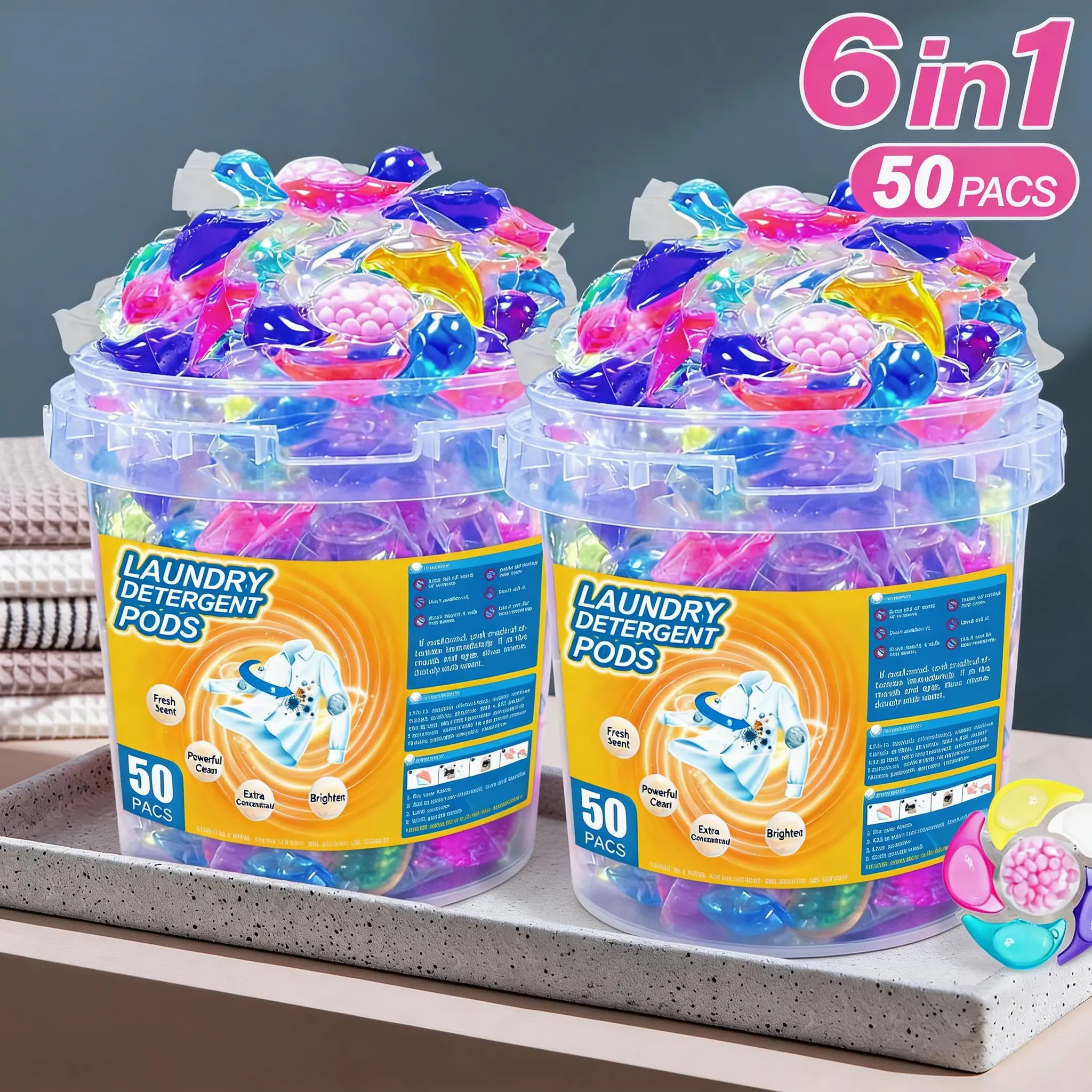 Laundry Detergent Pods 6 in 1 Powerful Cleaning, 50 Pods Bucket, Deep Clean & Fresh Scent, No Mess Easy Use, Use 2 Pods for Better Results, Buy 2 Buckets Save More