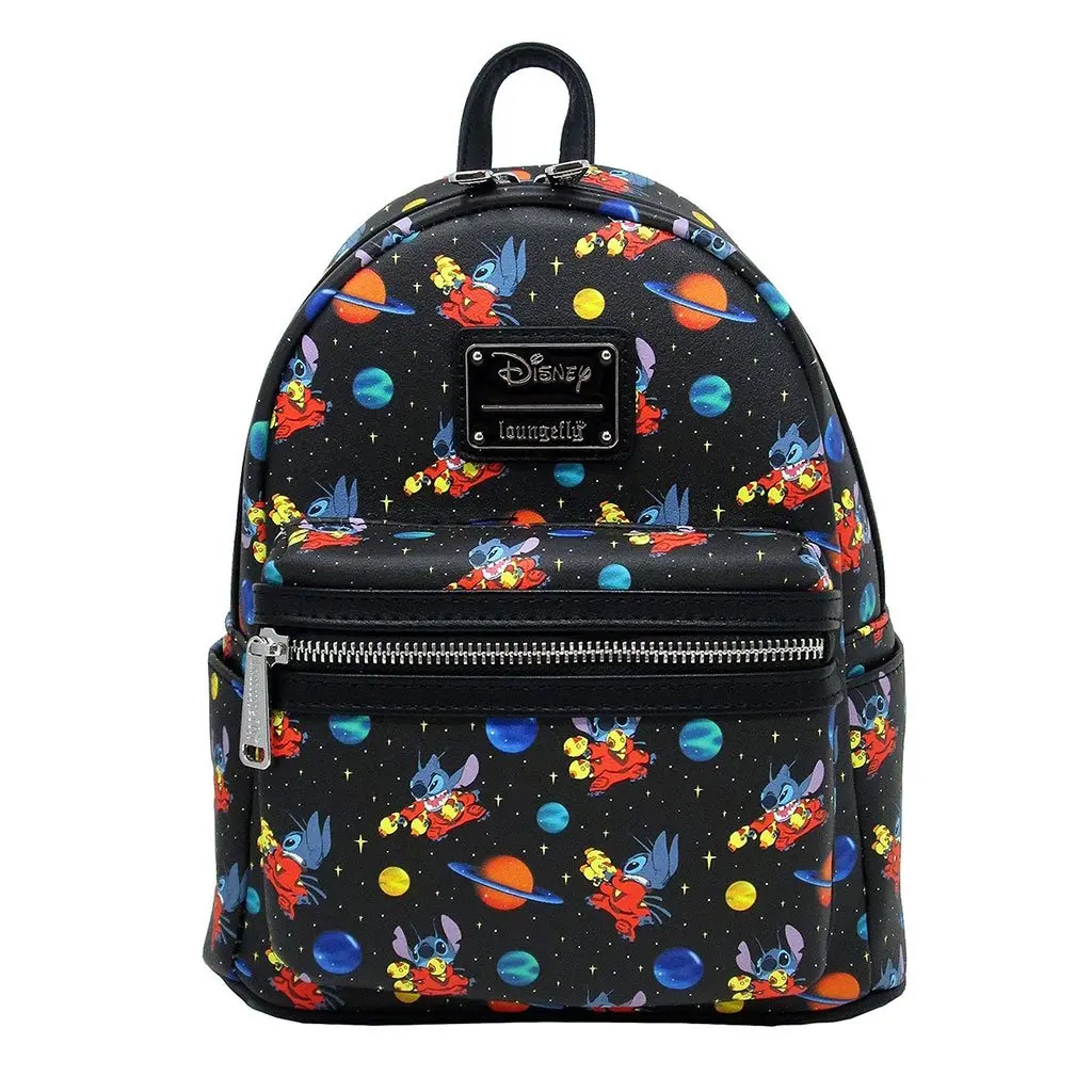 Loungefly Disney Lilo & Stitch Cartoon Character Faux Leather Mini Backpack Purse - 707 Street Exclusive, Allover Space Print, Metal Plaque Details, Applique Embroidery, 2 Side Pockets, Two Side Pockets