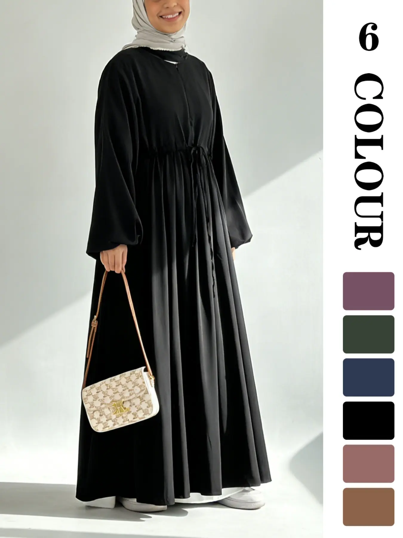 Women's Solid Color Belted Arabian Dress, Elegant Long Sleeve Round Neck Dress for Daily Wear, Ladies Islamic Muslim Clothing for All Seasons, Islamic Modesty Clothes, Modest Abaya Dress, Long Sleeve Dresses