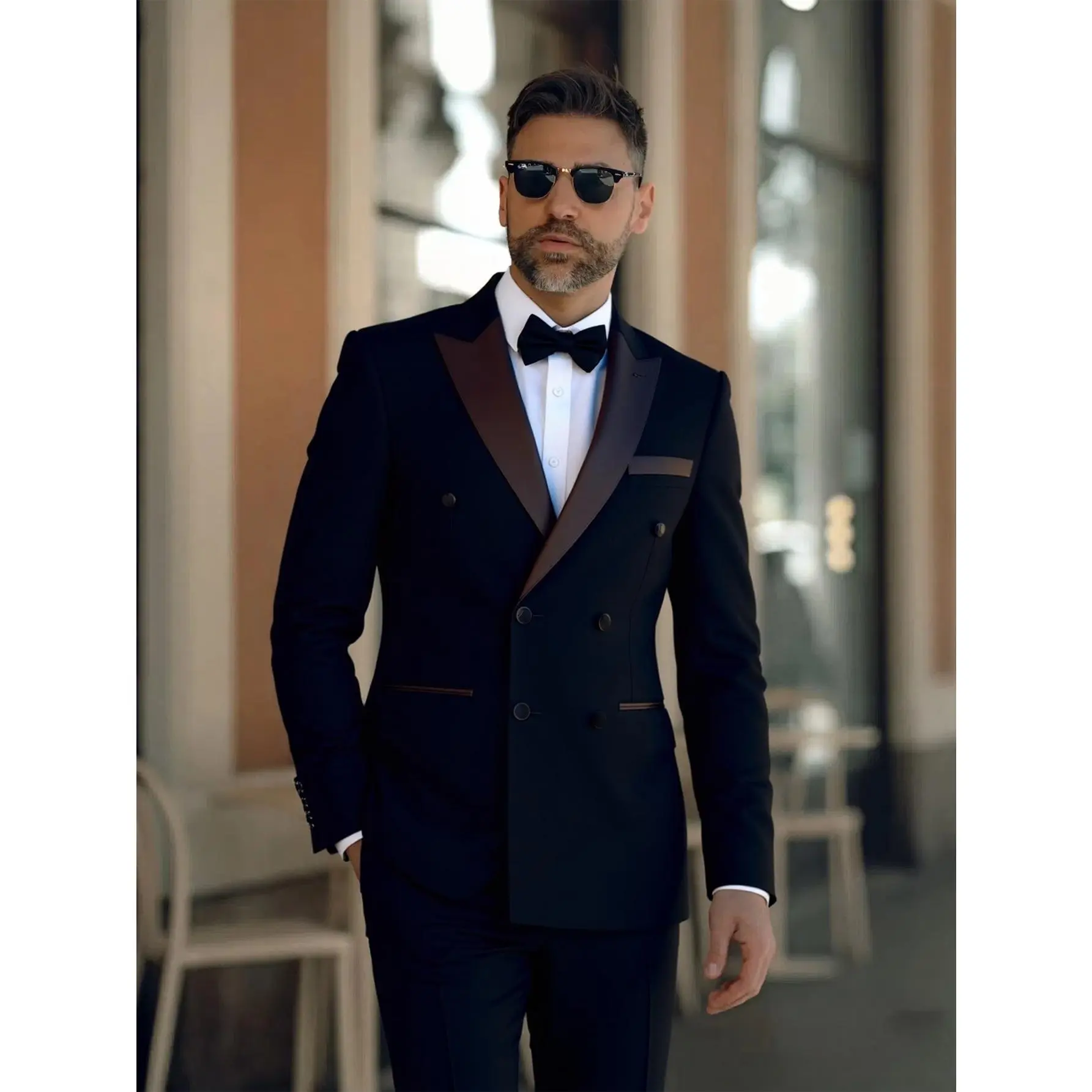 Men's Classic Double-Breasted 2-Piece Solid Black Tuxedo Set - Fitted Formal Wear with Button-Front Jacket & Straight-Leg Pants, Ideal for Weddings, Retro Watch Parties