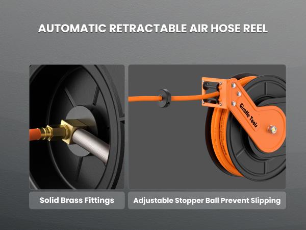 Giraffe Tools Retractable Air Hose Reel-Alloy Steel Reel-3/8in x50 FT Hybrid Air Hose Max 300 PSI,Wall Mount Heavy Duty Double Arm Steel Reel