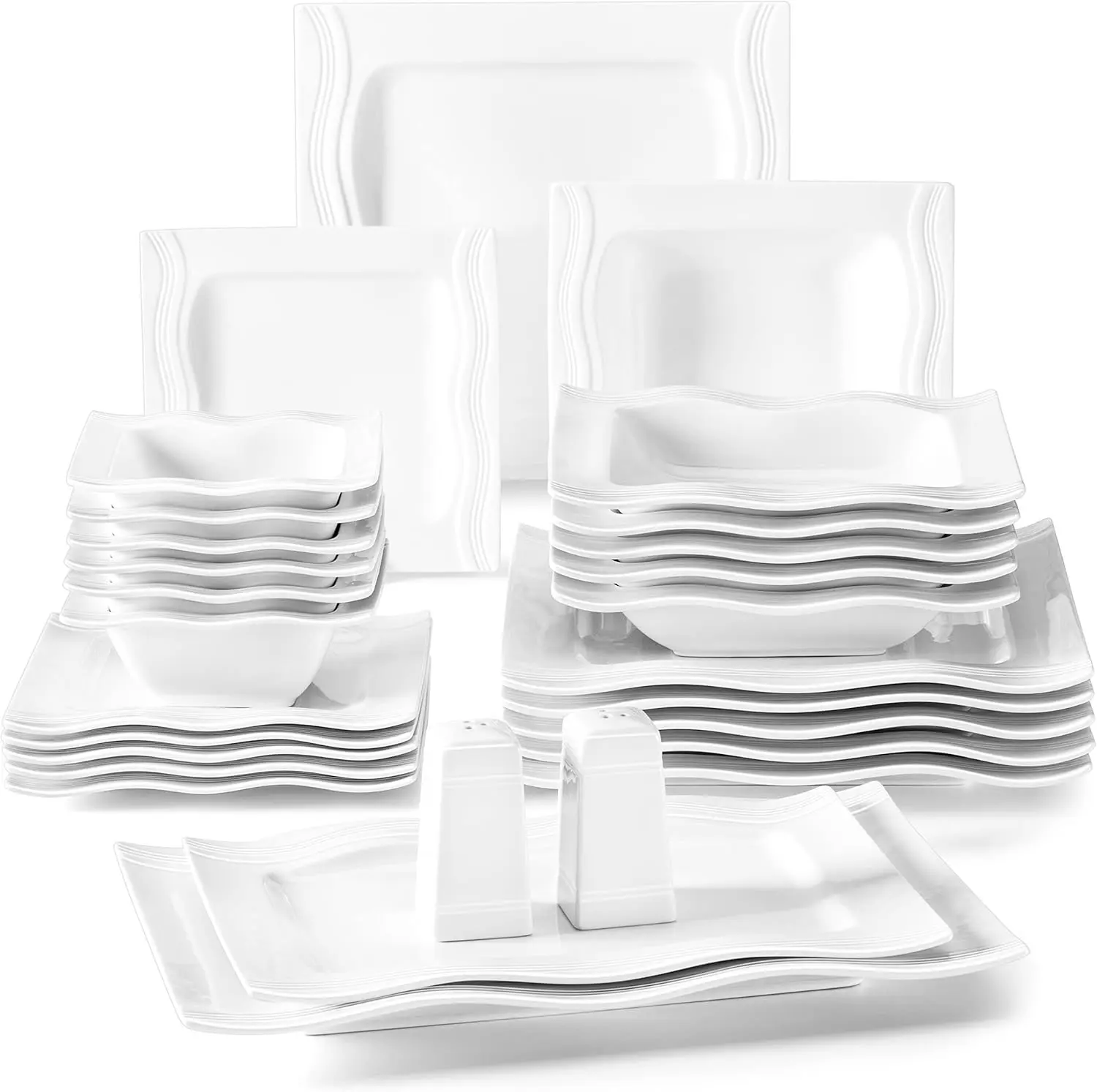 MALACASA Ivory White Dinnerware Sets, 28 Piece Square Plates and Bowls Sets for 6, Porcelain Dish Set with Dinner Plate, Cereal Bowls, Dessert Plate, Soup Plate, salt cans and rectangular plates , Ceramic Dishware Set, Series Mario
