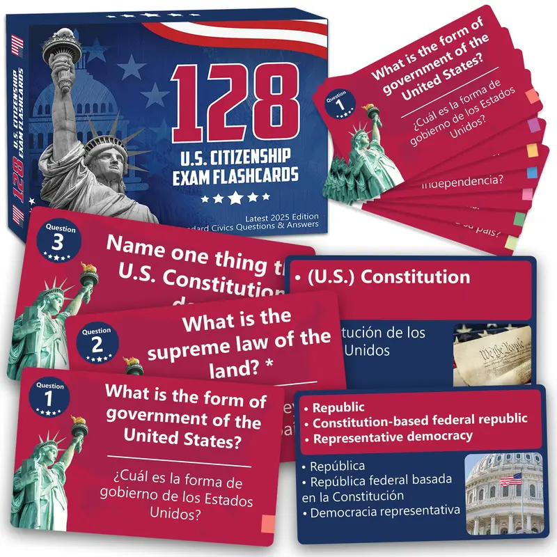 2027 U.S. Citizenship Test Flashcards (128 Bilingual English-Spanish Cards with Color-Coded Tabs), Compact Portable Civics Q&A Study Tools for Naturalization Exam, USCIS Interview Prep, ESL Learners Daily Review