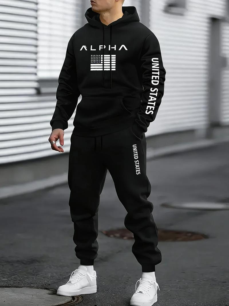 Men's Casual Letter Print Hoodie Set Comfortable Long Sleeve Hooded Sports Shirt with Elastic Waistband Pocket Pants Autumn Winter Edition