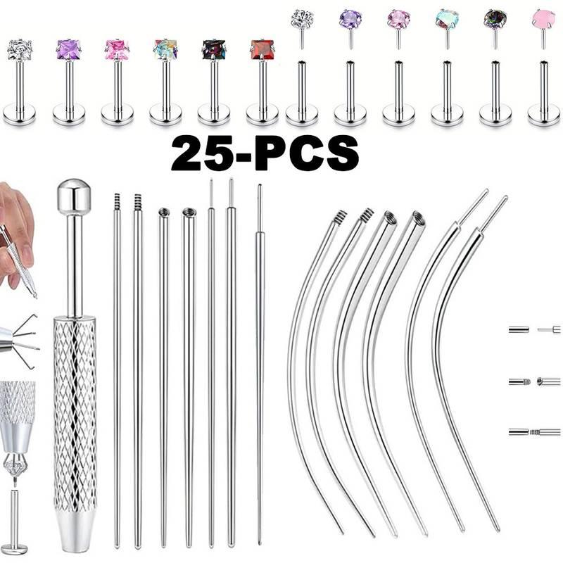 2D Flat - 25pcs Stainless Steel Body Piercing Jewelry Set | Taper Ball Grabber Tool, Charm Ear Studs, Nose Studs, Multi-Color, Synthetic Cubic Zirconia Earrings, 14G 16G 18G 20G, Flat Back Earring Applicator Tool