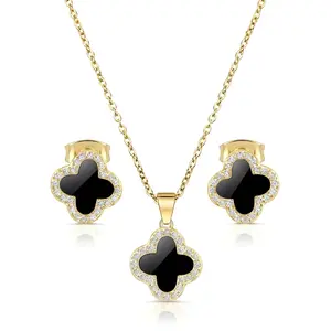 SHINYY Four Leaf Crystal Clover Necklace Earring Set for Women | 18K Gold Plated Cubic Zirconia Bracelet | 4 Leaf Lucky Pendant and Ear Studs | Jewelry Gift for Her