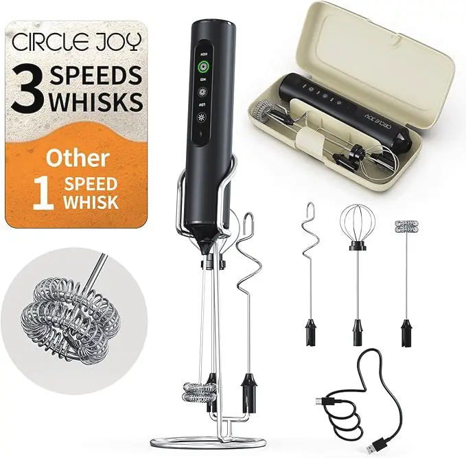 Rechargeable Cordless Milk Frother with Stand - 4 Interchangeable Dishwasher Safe Whisks, 1500mAh Battery, Compact Travel Case, Kitchen Gadgets Handheld Mixer for Lattes, Camping Essentials