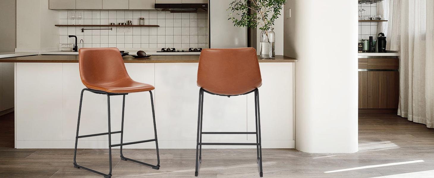 Counter Height Bar Stools with Back, Armless Chairs with Metal Legs and Footrest - Waterproof Leather