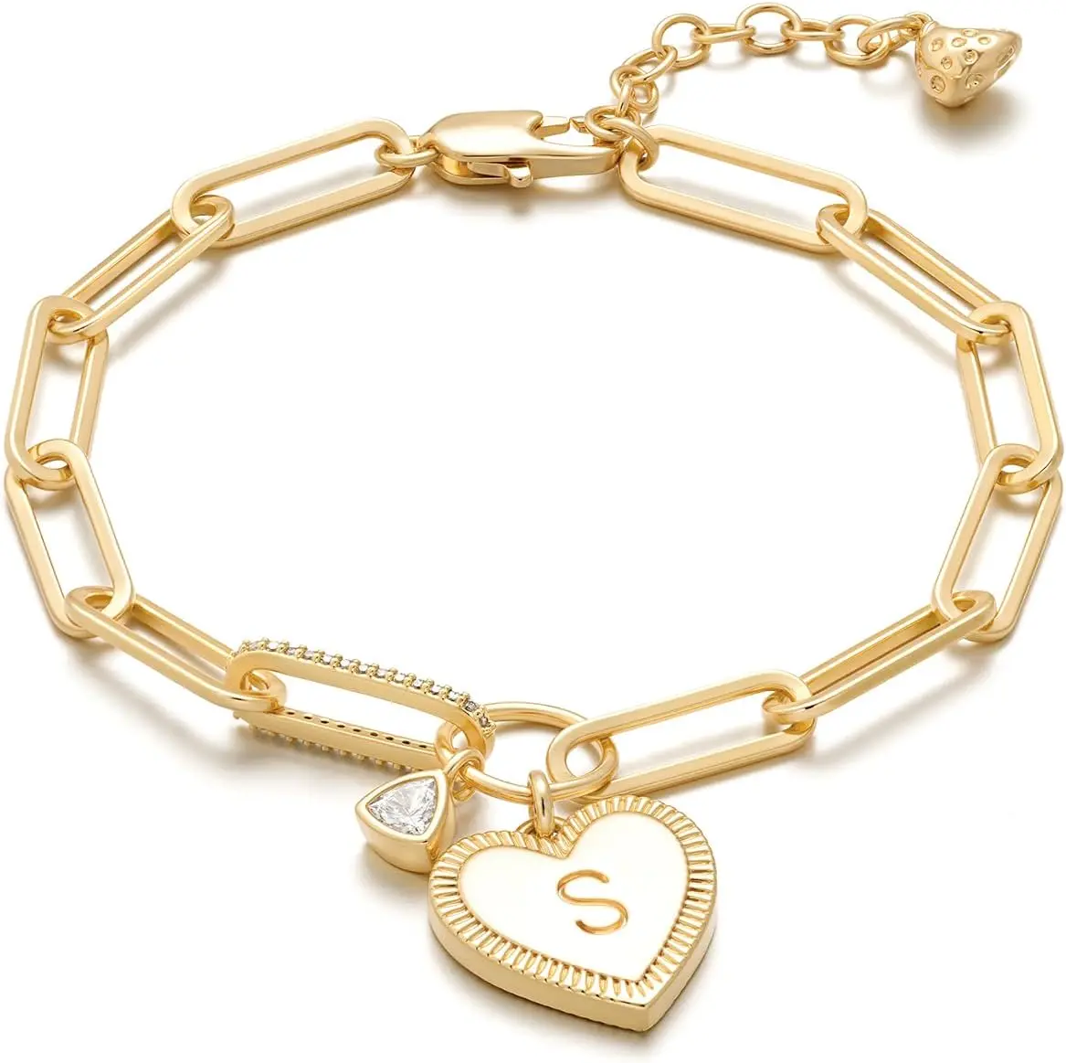 MYEARS Women's Dainty Gold-Plated Initial Charm Bracelet - Single Letter A-Z Heart Charm with Synthetic Diamond, Adjustable Paperclip Chain, Lead-Free Nickel-Free Jewelry Gift for Her, Valentine's Day Gift