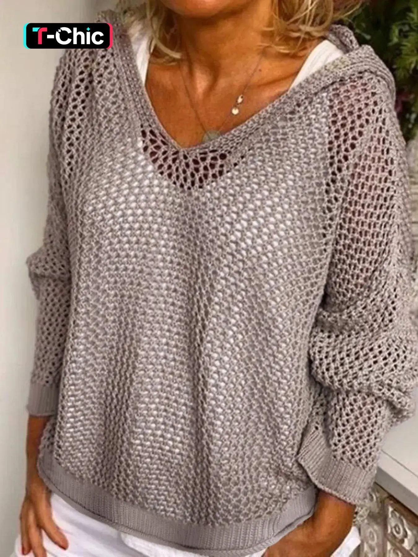 Women's Solid Hollow Out Sheer Light Loose Fit Hooded Sweater Pullover Fabric, Casual Drop Shoulder Long Sleeve Jumper for Summer, Fashion Ladies' Knitwear for Daily Wear, Womenswear, Casual Soft Pullover