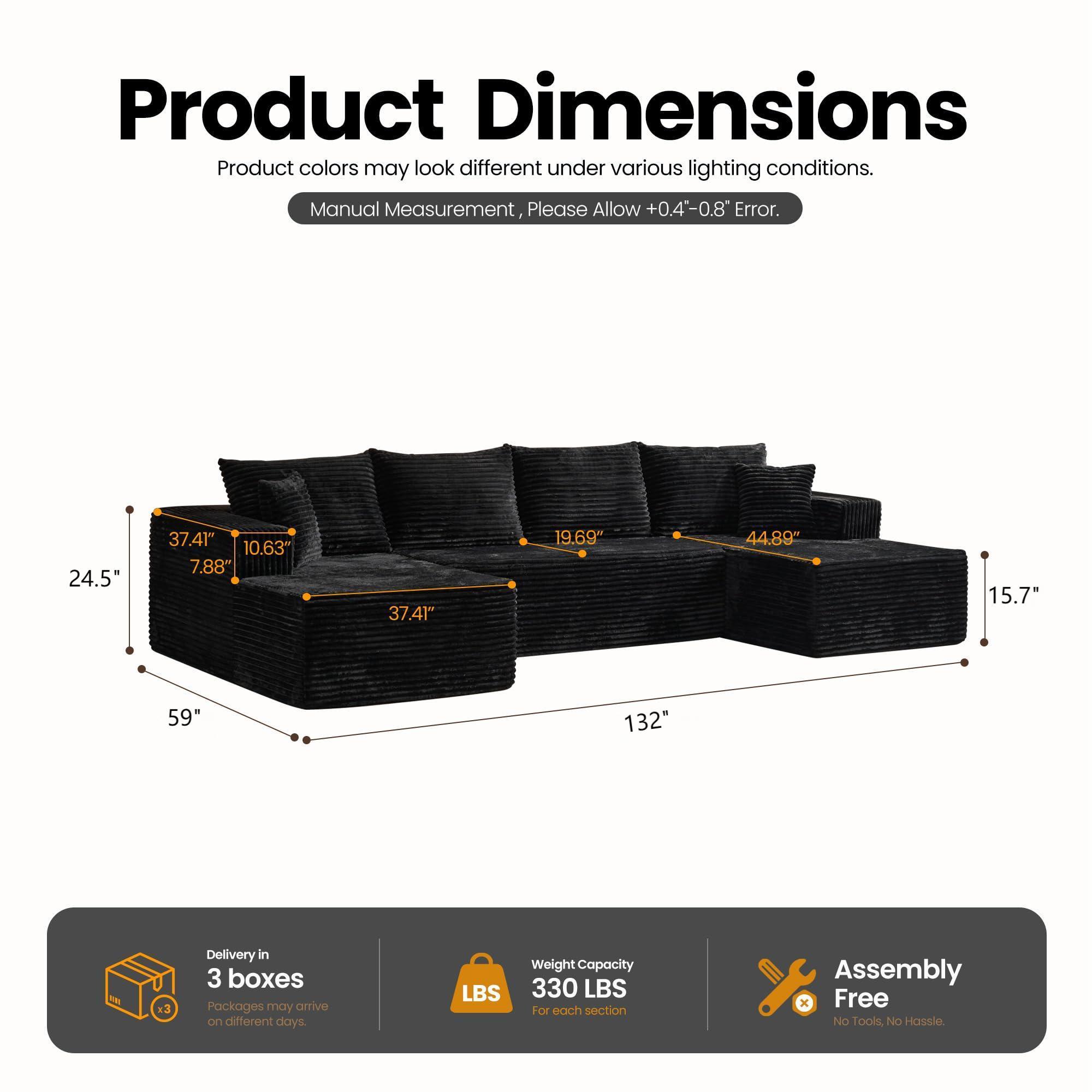【3 Packages Shipping】133‘’ U-Shaped Corduroy Modular Sofa Cloud Style Oversized 5-Seater with Chaise Pillows Included No Assembly Required Convertible Space-Saving for Living Room Bedroom Office Indoor Furniture Sets Christmas - Boneless Sectional Couch