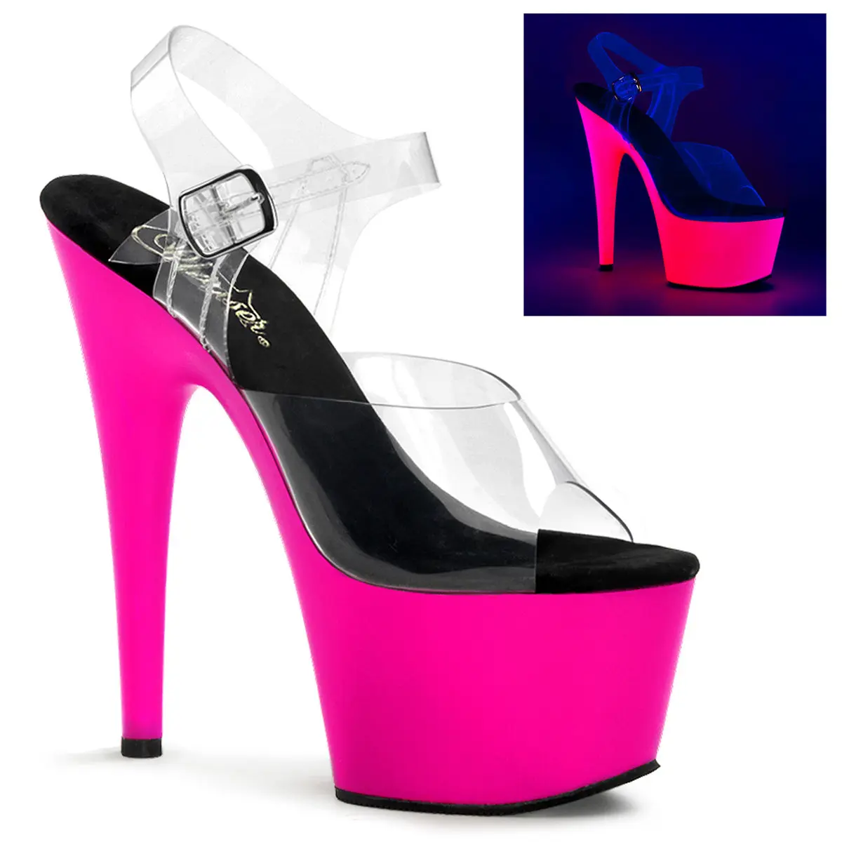 Pleaser Adore-708UV Women's Stylish Platform Sandals with a 7" Stiletto Heel, Transparent Ankle Strap and Pink Neon UV Reactive Bottom, High Heels, Heeled