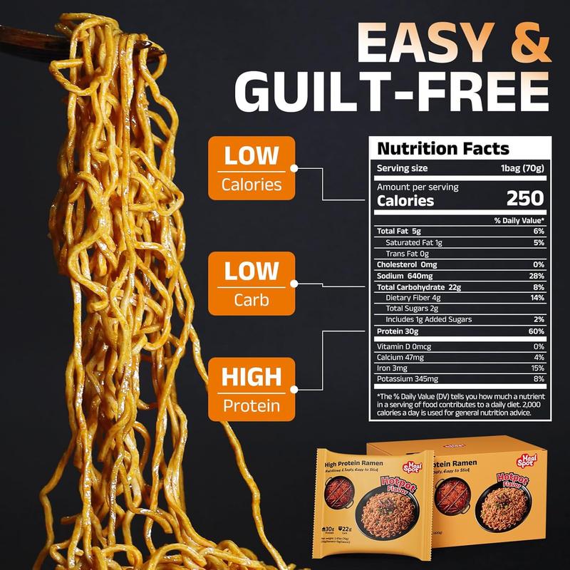 HealSpot High Protein Instant Ramen, 30g Plant Based Protein, Low Fat, Low Carb, Non GMO, Keto Friendly, Plant Based Dry Mixed Ramen, 6 Packs of Hot Pot Flavor