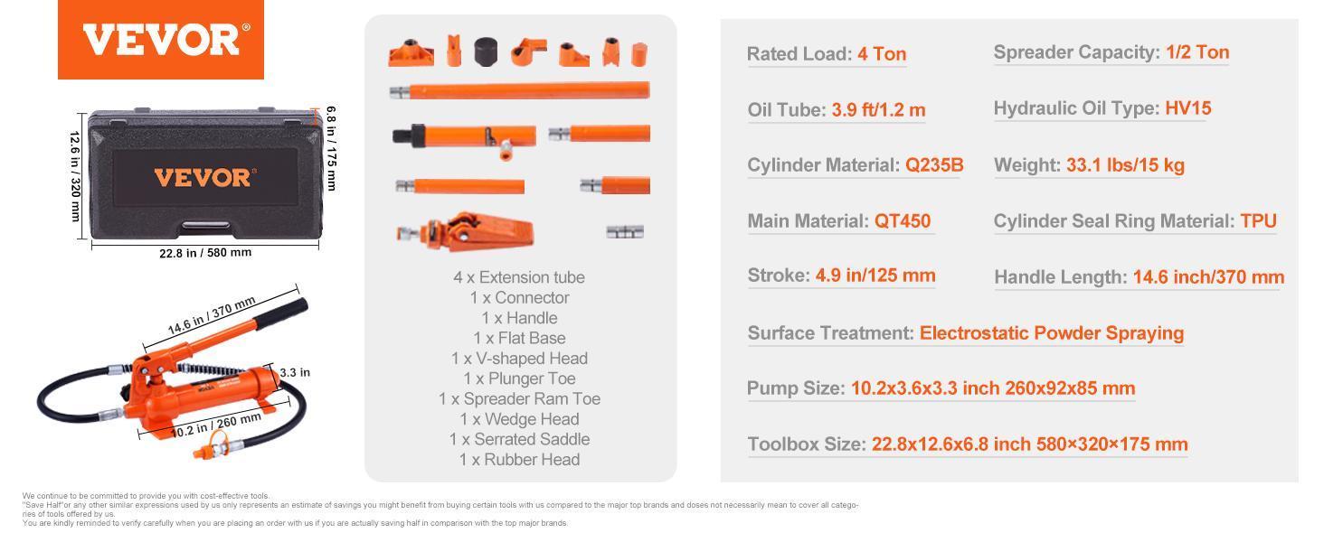 VEVOR 4 Ton/8800 LBS Porta Power,  Portable Hydraulic Ram with 3.9 ft/1.2 m Oil Hose, Auto Body Frame Repair Kit with Storage Case for Car Repair, Truck, Farm