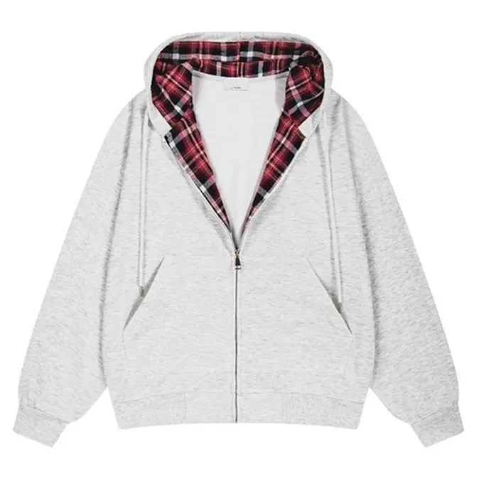 Men's Light Heather Gray Zip-Up Hoodie - Red Plaid Lined Hood, Front Kangaroo Pockets, Elastic Cuffs & Hem, Relaxed Oversized Fit, Comfortable Long Sleeve Tops Sweatshirts for Street Style Casual Layered Outerwear