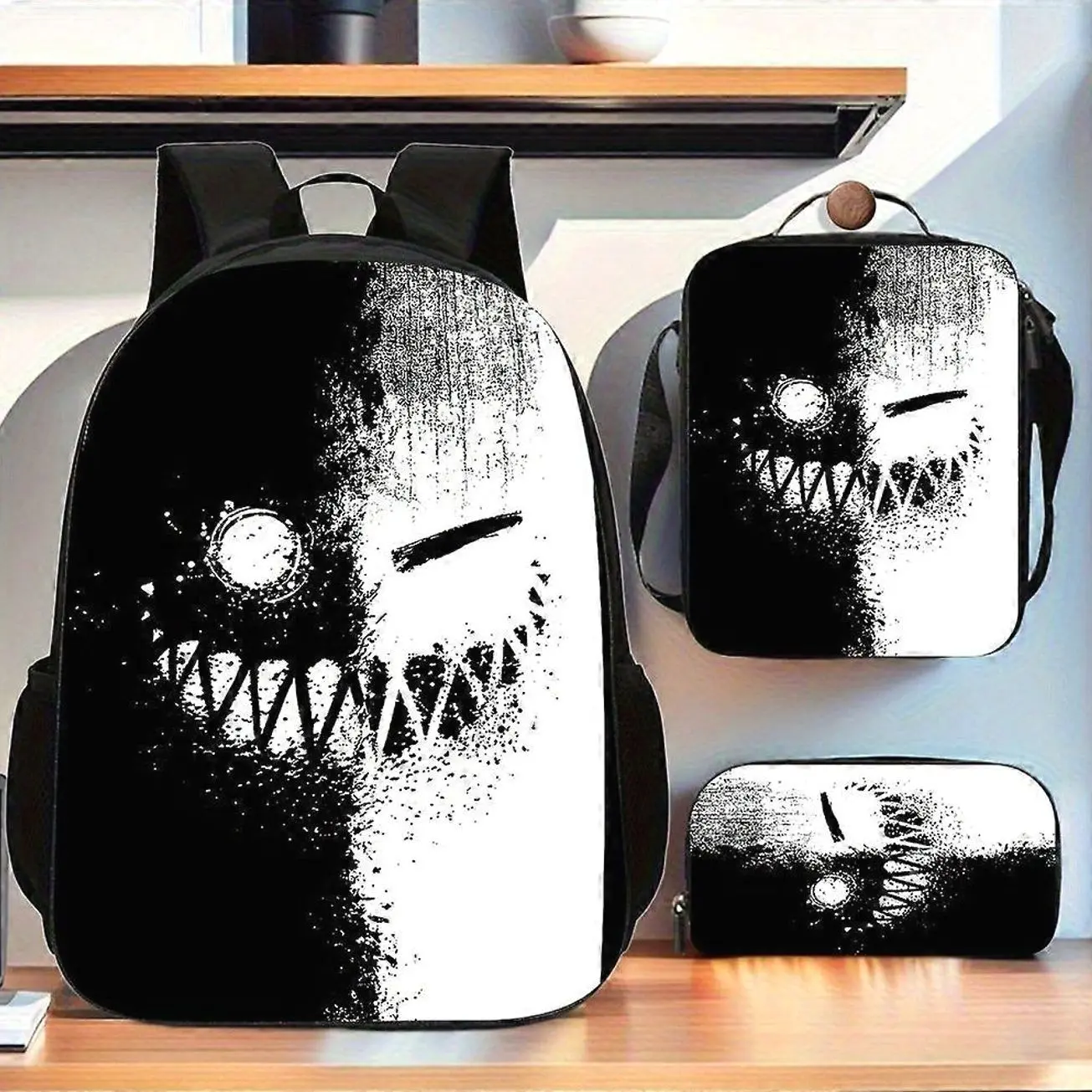 Dark Devil Smile Backpack Set, 1/2/3 Piece School Bag Set, Large Capacity Travel Backpack with Laptop Compartment, Unisex Graphic Bookbag with Pencil Case and Messenger Bag, School Travel Gift