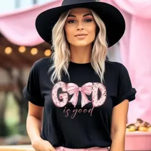 1pc Women's Vintage Christian "God Is Good" Bible Verse T-Shirt with Floral Bow Design Soft Round Neck Short Sleeve Machine Washable Beige Casual Top for Mother's Day Father's Day & All Festivals walk by faith tee Flower Print Casual T-Shirt Unisex Hor