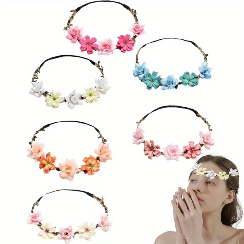 6pcs Bohemian Style Elastic Headbands with Colorful Fabric Flowers - Elegant Polyester Bridal & Bridesmaid Crown Hair Accessories for Weddings, Parties, Beach Outings, and Festivals - Perfect Photo Props for Brides, Weddings Accessories tiktokshopspringgl