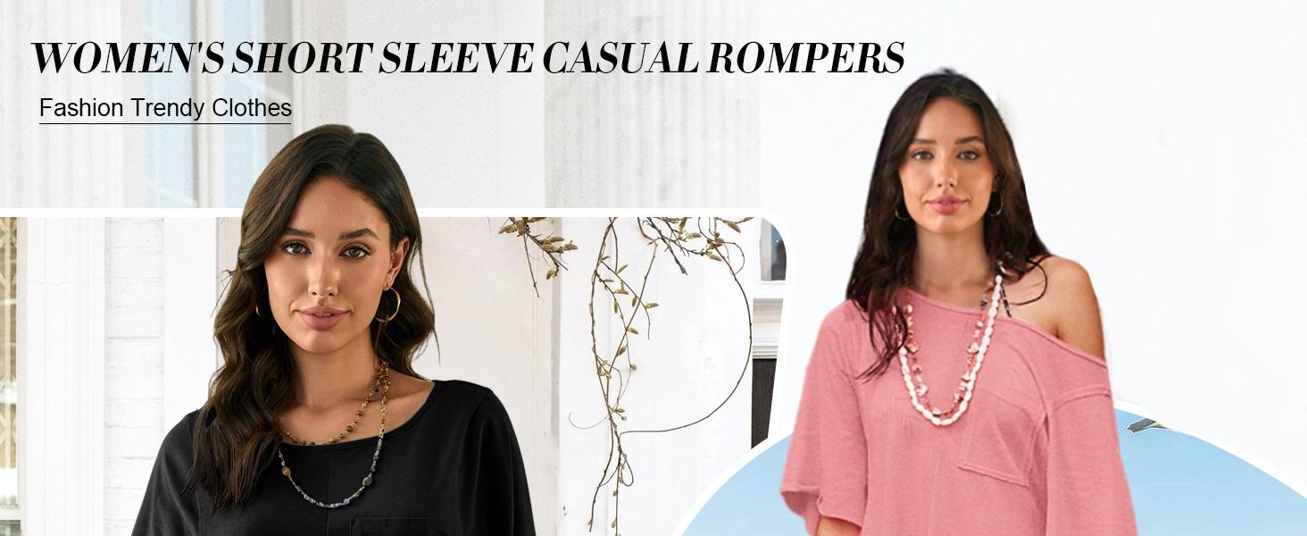 Imily Bela Rompers for Women Spring Outfits Summer Casual Short Sleeve Crew Neck Loose Jumpsuits with Pocket