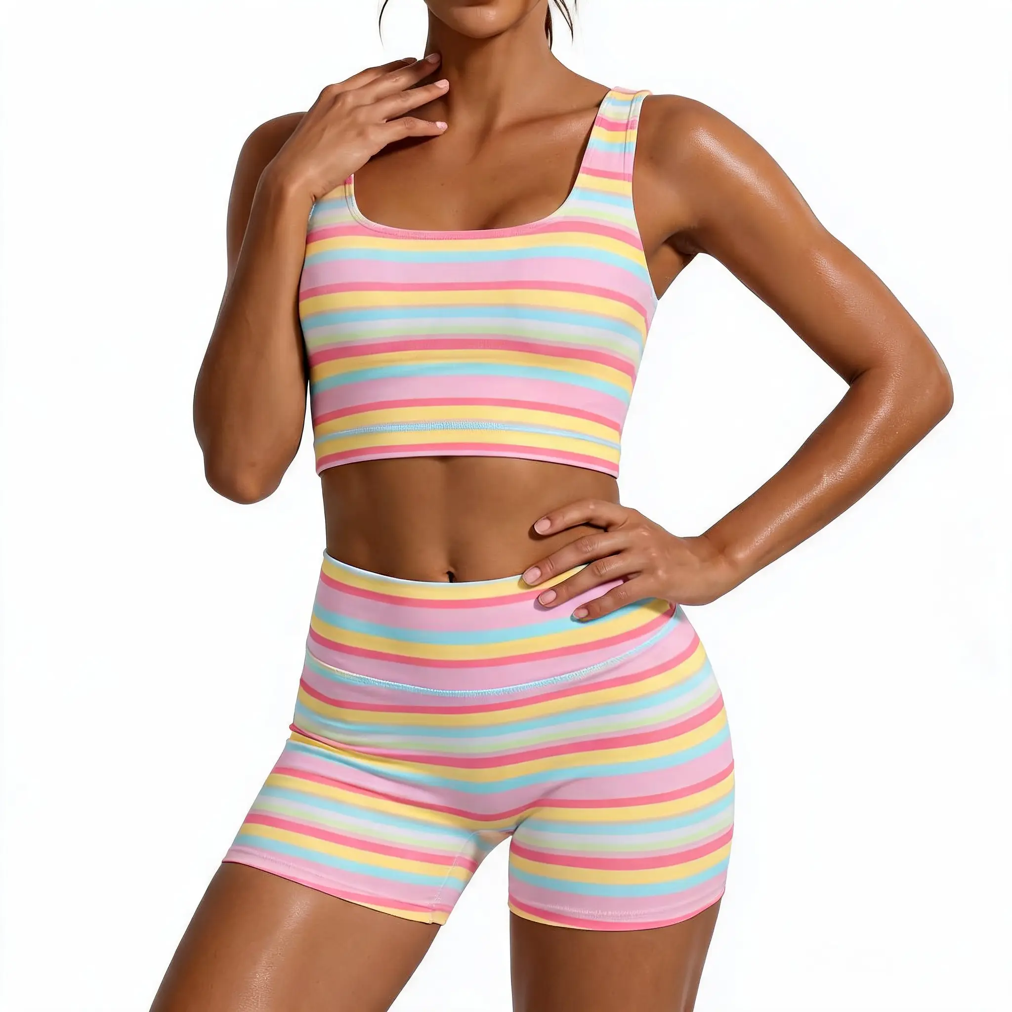 Women’s Rainbow Stripe 2 Piece Workout Set Sleeveless Crop Tank Top High Waist Biker Shorts Matching Lounge Outfit