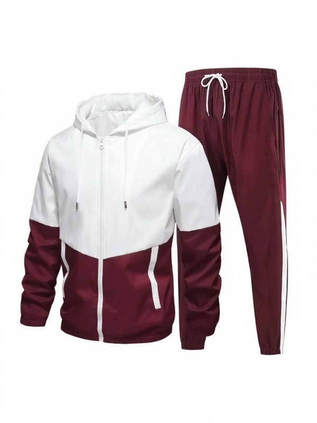 KZZ Men's Colorblock Drawstring Zip Up Hoodie & Joggers Set French Terry Material Long Sleeve Hooded Jacket & Trousers for Fall Winter Casual Athletic Tracksuit