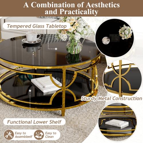 【Bellemave】 Round Tempered Glass Coffee Table in 30.7",Luxurious Geometric Metal Frame,Gold Finish & Lower Shelf